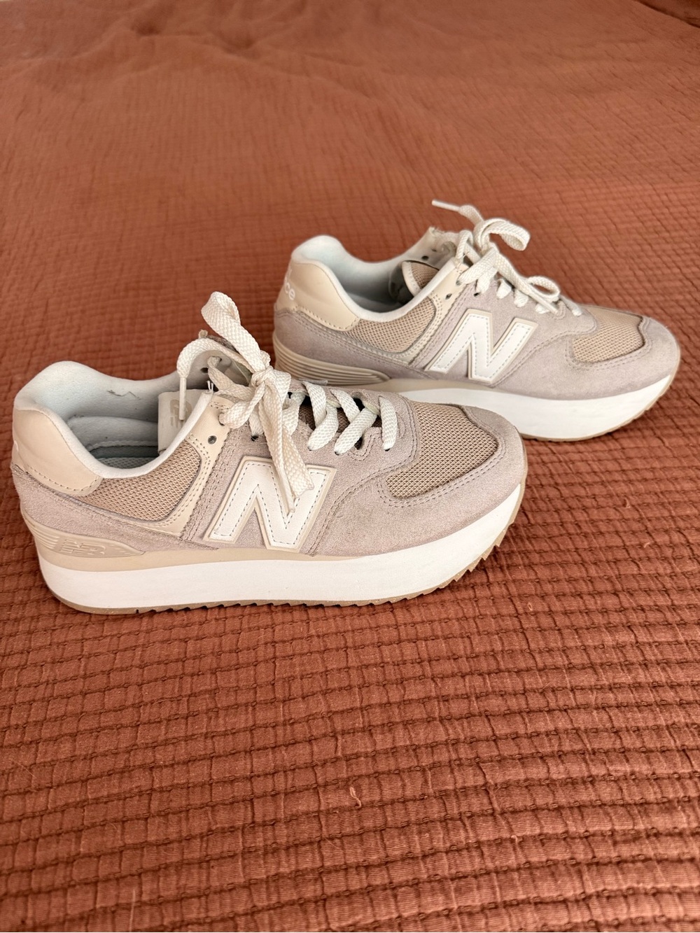 New Balance 574 Women’s Light Beige Platform Sneakers. Only worn a few times